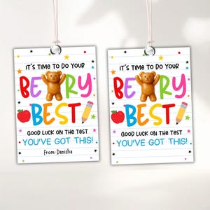May include: Two rectangular gift tags with the text "IT'S TIME TO DO YOUR BEARY BEST" and "GOOD LUCK ON THE TEST, YOU'VE GOT THIS!" A small brown bear, red apple, and pencil are also featured. Each tag is suspended by a white string.