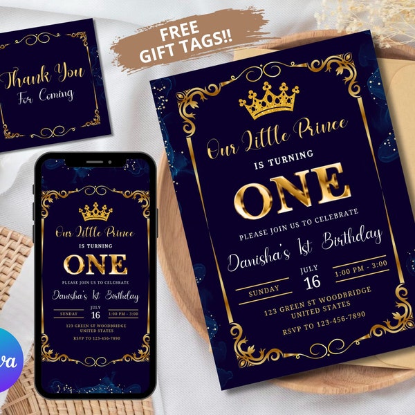 Prince 1st Birthday Invitation Editable Prince First Birthday Invitation Crown Royal Blue gold Boy Invite Little Prince Royal Celebration