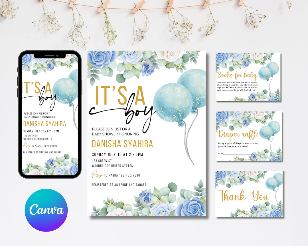 Editable It's a Boy Baby Shower Invitation,boy Blue Roses Balloon Baby ...