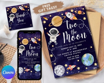 Two the Moon Birthday Party Invitation, EDITABLE Space Boy Birthday Party Invitation,  Outer Space 2nd Birthday Invite, Digital Space SP1