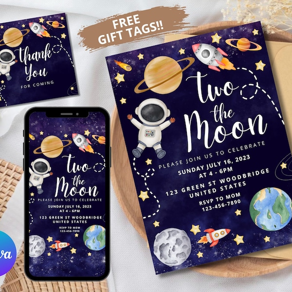 Two the Moon Birthday Party Invitation, EDITABLE Space Boy Birthday Party Invitation,  Outer Space 2nd Birthday Invite, Digital Space SP1