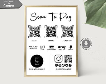 Modèle Scan to Pay, enseigne de code QR, petite entreprise, modèle canva modifiable, enseigne de paiement Paypal, enseigne Venmo, enseigne d'entreprise, enseigne imprimable