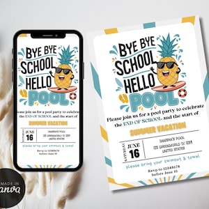 Hej då skolan hej poolinbjudan, REDIGERINGSBAR inbjudan till skolavslutningsfest i poolen, sommarsplash plask, inbjudan till skolavslutning