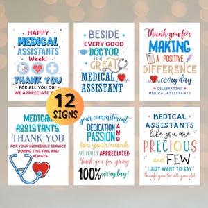 May include: A collection of 12 signs designed for Medical Assistants. Each sign displays messages of thanks and appreciation, with colourful text and illustrations such as hearts and stethoscopes. The signs are a thoughtful gift.