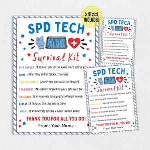Op de afbeelding: Een printbaar SPD Tech Survival Kit bord met blauwe tekst, een rood hart met een wit kruis en illustraties van medische instrumenten. De tekst somt verschillende snoepjes en hun betekenis op, eindigend met Thank You For All You Do.
