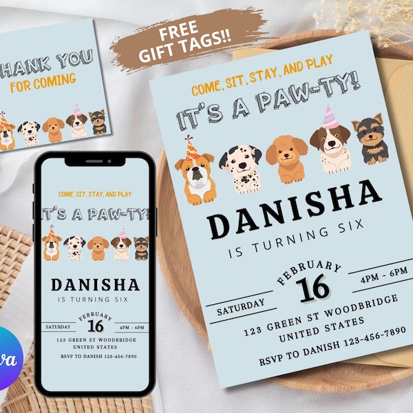 Cute Dog Birthday Invitation Puppy Invitation Lets Pawty Birthday Invitation for Boys, Dog Birthday Invitation, Puppy Pawty Invitation