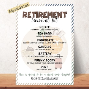 May include: A rectangular sign with a white background and a decorative border. The sign reads "RETIREMENT Survival kit" and lists items like coffee, tea bags, chocolate, candles, battery, funny socks, and mint. The text is in brown and black.