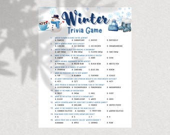 May include: A Winter Trivia Game sheet with questions about winter, snow, and the season. The game sheet has a blue and white colour scheme with illustrations of a snowman, snowflakes, and winter accessories.