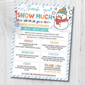 Printable Editable Holiday Teacher and Staff Appreciation Itinerary Snowman Thank You Snow Much Theme Winter Flyer Poster Schedule of Event