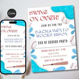 May include: A baseball-themed invitation for an end-of-season party for the Sacramento Rocks Bison. The invitation features a blue and white background with baseballs and water splashes. The text reads "Swing on Over!" and includes the date, time, and location of the event. RSVP information is also included.