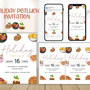 Può includere: Un invito stampabile per un potluck di Natale il 16 gennaio alle 23:00. L'invito presenta un'illustrazione ad acquerello di vari cibi natalizi, tra cui un prosciutto, una torta, una casseruola e un dessert. Il testo dell'invito recita "Potluck di Natale" e include la data, l'ora e il luogo dell'evento.