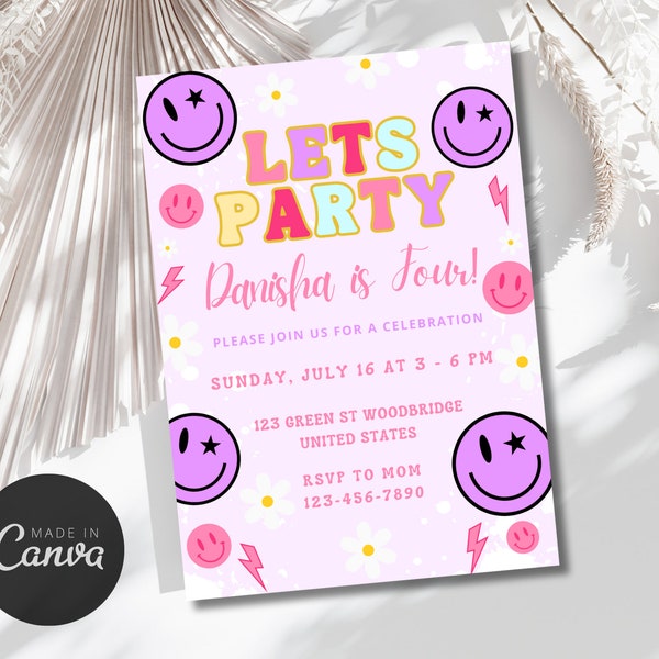 Editable Preppy Let's Celebrate Birthday Invitation for Girl Template Smile Face Birthday,Digital Preppy Girl Birthday Party Invite SMK1