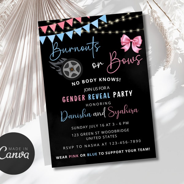 Editable Burnouts or Bows Gender Reveal Invitation, Girl or Boy Invitation, Coed Couples Shower, Cars Wheels Trucks.Gender Reveal Shower BB1