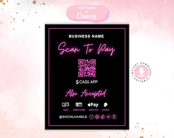 Modèle de signe DIY Scan to Pay, modèle de tarification de salon de beauté avec code QR rose modifiable, modèle imprimable de toile de maquillage pour les ongles tresses de coiffeur