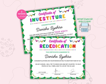 May include: Two rectangular certificates with scalloped green borders and colorful bunting graphics. One reads Certificate of INVESTITURE for Danisha Syahira, Troop #16074. The other reads Certificate of REDEDICATION for Danisha Syahira, dated July 16, 2026.