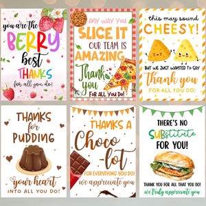 May include: Six colorful thank you cards with food-themed illustrations. The cards feature phrases like "Berry Best Thanks," "Slice It Amazing," and "Cheesy!" with images of strawberries, pizza, and cheese.