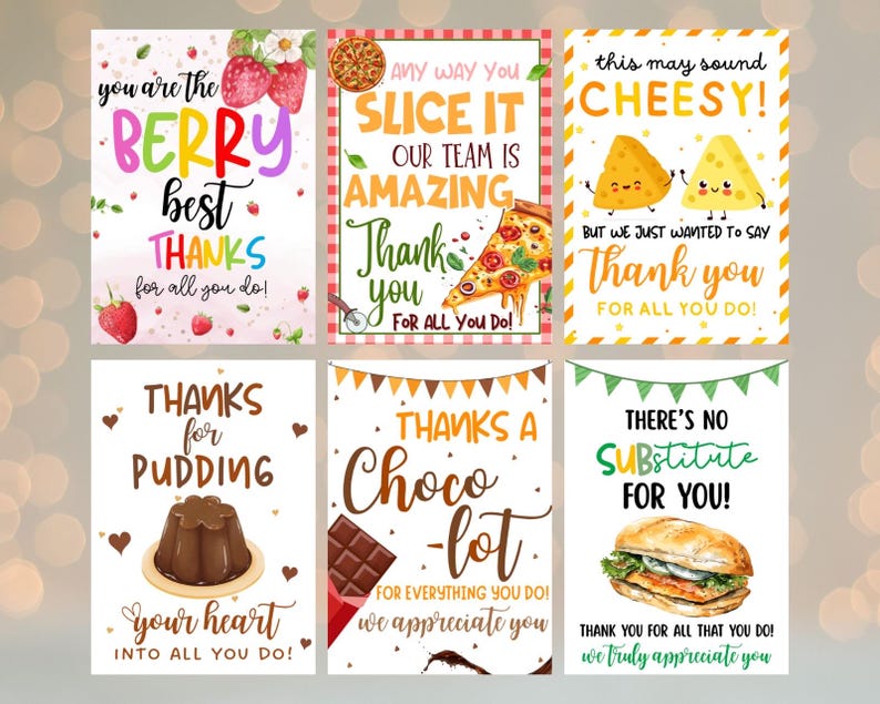 May include: Six colorful thank you cards with food-themed illustrations. The cards feature phrases like "Berry Best Thanks," "Slice It Amazing," and "Cheesy!" with images of strawberries, pizza, and cheese.