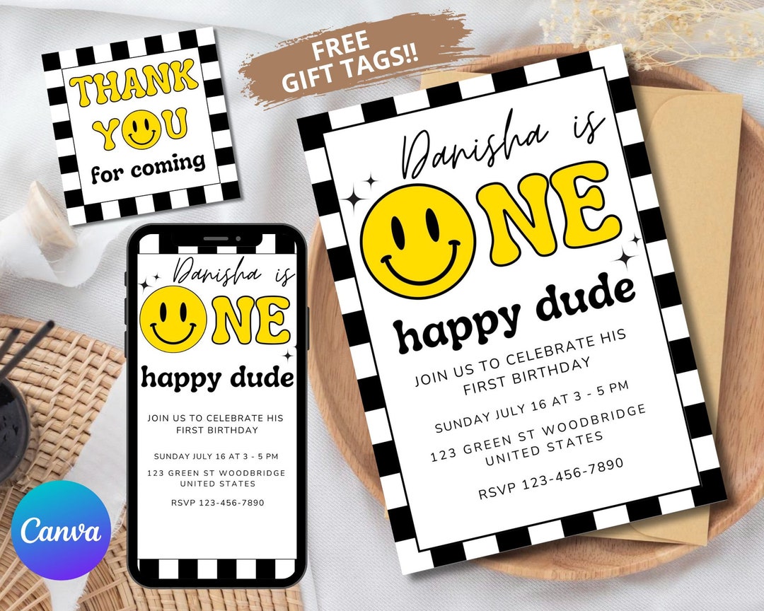 Text Invitation One Happy Dude,one Happy Dude Birthday Evite Digital