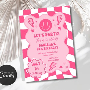 Editable Preppy Let's Celebrate Smile Face Birthday Invitation Template, Patches Party Invite, Checkered Bday Invite, Kid Teen SML01