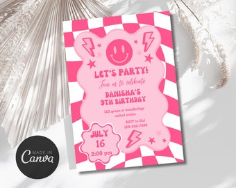 Modèle d'invitation d'anniversaire modifiable BCBG, fêtons le sourire, invitation de fête de patchs, invitation d'anniversaire à carreaux, Kid Teen SML01