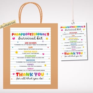 Paraprofessional Survival Kit Tag: Appreciation Gift (Digital Download)