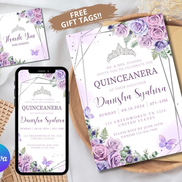Editable Quinceanera Invitation Template Purple Lilac Silver Floral Mis Quince 15 Anos Invite Butterflies Crown Princess DIY Download QN1