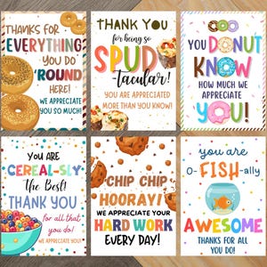 May include: Six colorful thank you cards with food-themed puns. The cards feature donuts, cupcakes, cereal, and cookies. Text includes "Thanks for everything," "You donut know," and "You are cereal-sly the best!"