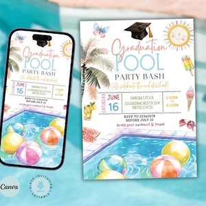 Puede incluir: Una invitación digital para una fiesta de graduación en la piscina, que presenta una escena de piscina con pelotas de playa. La invitación incluye el texto "Graduation Pool Party Bash" y los detalles del evento. El diseño es en acuarela.