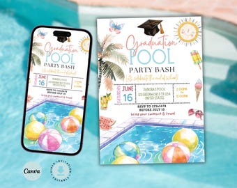Può includere: Un invito digitale per una festa di laurea in piscina, con una scena di piscina con palloni da spiaggia. L'invito include il testo "Graduation Pool Party Bash" e i dettagli dell'evento. Il design è in stile acquerello con un cappello di laurea e sole.