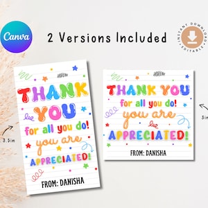 Thank You Gift Tag Template, Printable Appreciation Favor Tags, Editable Teacher Staff Employee Nurse Volunteer Driver Tag, Instant Download