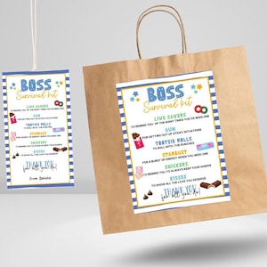 Kit de sobrevivência do chefe, agradecimento ao chefe, etiquetas de presente do dia do chefe, cartões de agradecimento do chefe, sacolas de guloseimas, etiqueta de sacola de guloseimas, cartão para impressão do dia do chefe editável