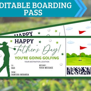 Sjabloon vaderdag golfcadeaubon, afdrukbare golfticketvoucher voor vader, bewerkbaar canva-verrassingscadeau voor vader golfer