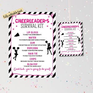 Kit de supervivencia de porristas imprimible y editable, idea de bolsa de regalo, idea de regalo imprimible para el equipo de porristas, folleto personalizado de porristas, regalos para el equipo de porristas de baile