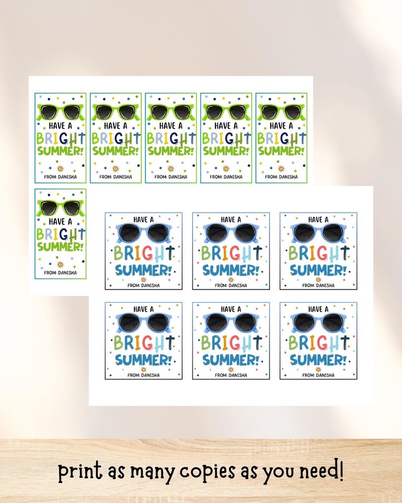 Etiquetas de regalo para un verano brillante, etiquetas imprimibles con el mensaje "Se acabó la escuela", etiquetas con el mensaje "Gafas de sol", regalo de fin de año escolar para preescolar y jardín de infantes. imagen 5