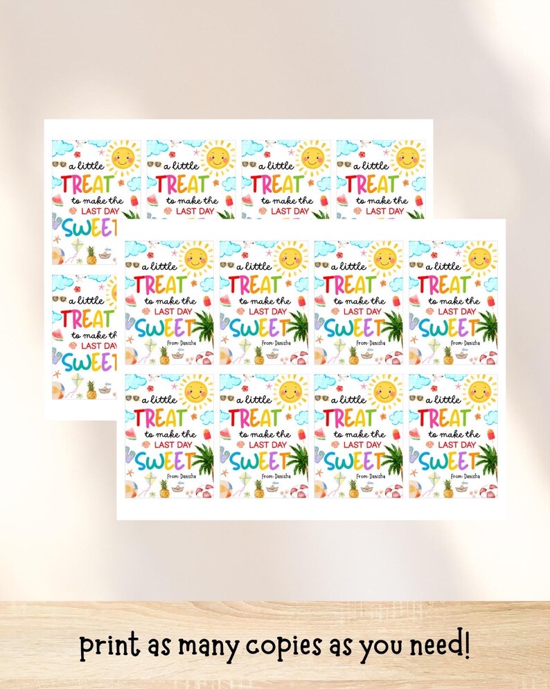 Leuke cadeaukaartjes voor de laatste schooldag, afdrukbare tags voor zomertraktatie voor leerlingen leraren voorschoolse opvang Eindejaar goodiebaglabel afbeelding 2