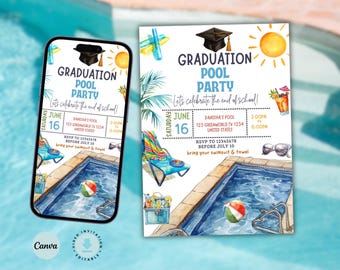 Può includere: Un invito per una festa di laurea in piscina, in stile acquerello. Il design presenta una scena di piscina con un pallone da spiaggia, occhiali da sole e un cocktail. L'invito include il testo "Graduation Pool Party" e i dettagli dell'evento.