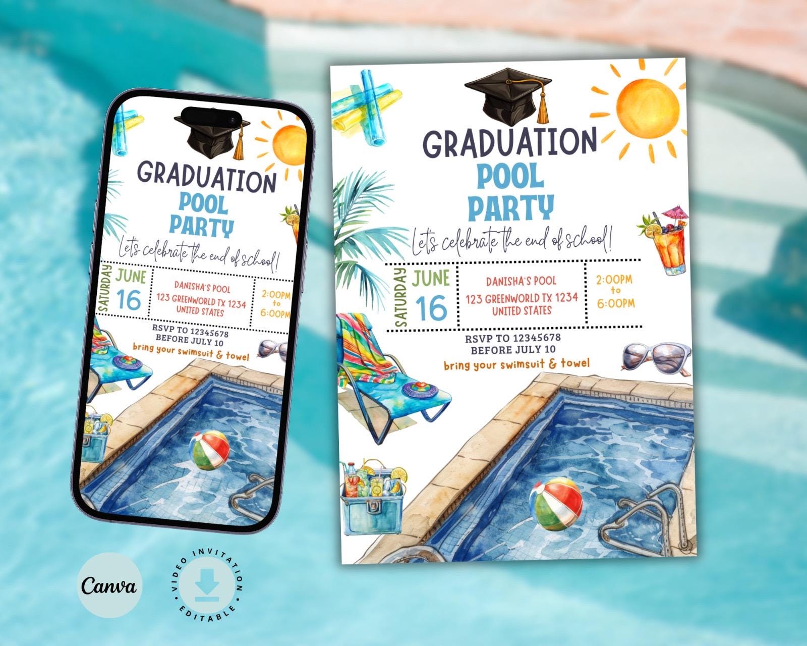 Graduation Pool Party Invitation Template, Editable Kindergarten Grad ...