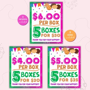 Girl cookie sale price sign, 6 dollars per box 5 boxes for 30 dollars, cookie fundraiser, cookie booth decoration, cookie booth printable