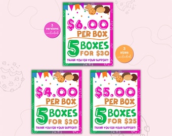 Girl cookie sale price sign, 6 dollars per box 5 boxes for 30 dollars, cookie fundraiser, cookie booth decoration, cookie booth printable