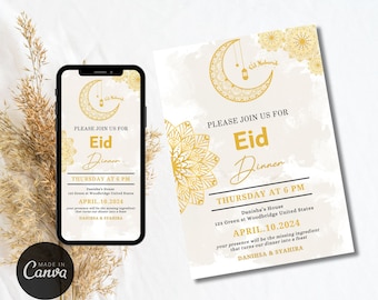 Puede incluir: Una invitación a la cena de Eid dorada y blanca con un diseño de luna creciente y mandalas. La invitación dice "Por favor, únase a nosotros para la cena de Eid" e incluye la fecha y la hora del evento. El texto "Danisha & Syahira" está en la parte inferior de la invitación.