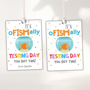 Puede incluir: Dos etiquetas rectangulares blancas con el texto "It's OFISHally TESTING DAY YOU GOT THIS!" y un pez dorado de dibujos animados en un cuenco. Las etiquetas tienen una cuerda para colgar y están decoradas con lunares de colores.