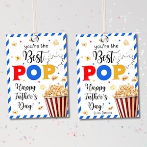 Etichetta regalo per la festa del papà, le migliori etichette per popcorn, bomboniere per popcorn, etichetta di ringraziamento per papà e nonno, felice festa del papà, modificabile, stampabile, scaricabile in formato PDF