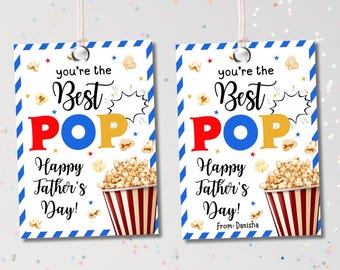 Etiquette cadeau fête des pères Meilleures étiquettes de pop-corn pour pop-corn Faveurs de pop-corn Étiquette de remerciement papa, grand-père, joyeuse fête des pères Modifiable Imprimable Télécharger le PDF