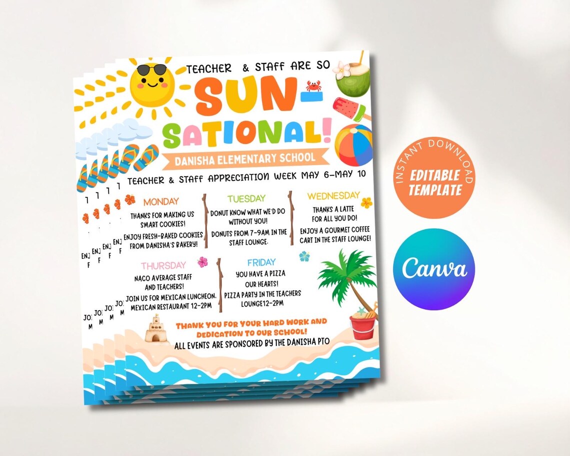 Editable Beach Theme Teacher & Staff Appreciation Sunsational Itinerary ...