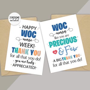 Puede incluir: Dos tarjetas de felicitación con texto colorido. La primera tarjeta dice "¡Feliz semana de la enfermera WOC! ¡Gracias por todo lo que haces! ¡Eres realmente apreciada!" La segunda tarjeta dice "Las enfermeras WOC como tú son preciosas y escasas. ¡Muchas gracias por todo lo que haces!"