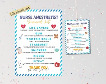 Nurse Anesthetist Survival kit , Printable Nurse Anesthetist Week Tags,  Thank you CRNA week Gif tag, SRNA Nurse Anesthetist Tag, CRNA Gift