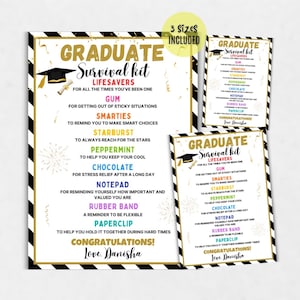 Puede incluir: Una impresión de un kit de supervivencia para graduados con un borde en blanco y negro. La impresión incluye un gráfico de birrete y las palabras "Graduate Survival Kit" con una lista de elementos como Lifesavers, chicle, Smarties, Starburst y chocolate.