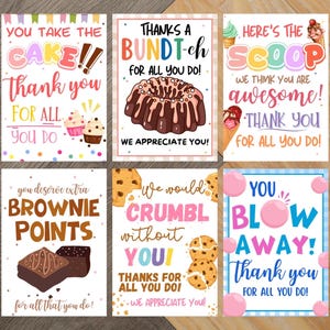 May include: A collection of six colorful thank you cards with dessert-themed puns. Each card features a different design, including cakes, ice cream, brownies, and cookies, with phrases like "You take the cake!" and "Here's the scoop!"