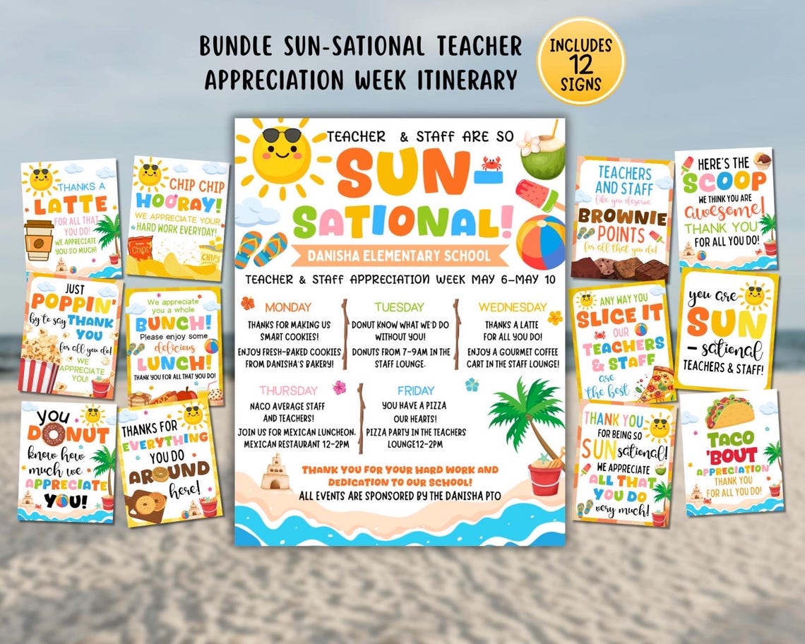Editable Beach Theme Teacher & Staff Appreciation Sunsational Itinerary ...