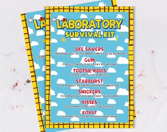 May include: A blue and yellow Laboratory Survival Kit card with a cloud and sky design. The card lists items like Life Savers, Gum, and KitKat, with humorous descriptions for each item.